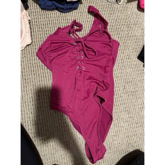 California Waves Womens One Piece Swimsuit Lace Up Front Burgundy Wine Red XS - Picture 2 of 4